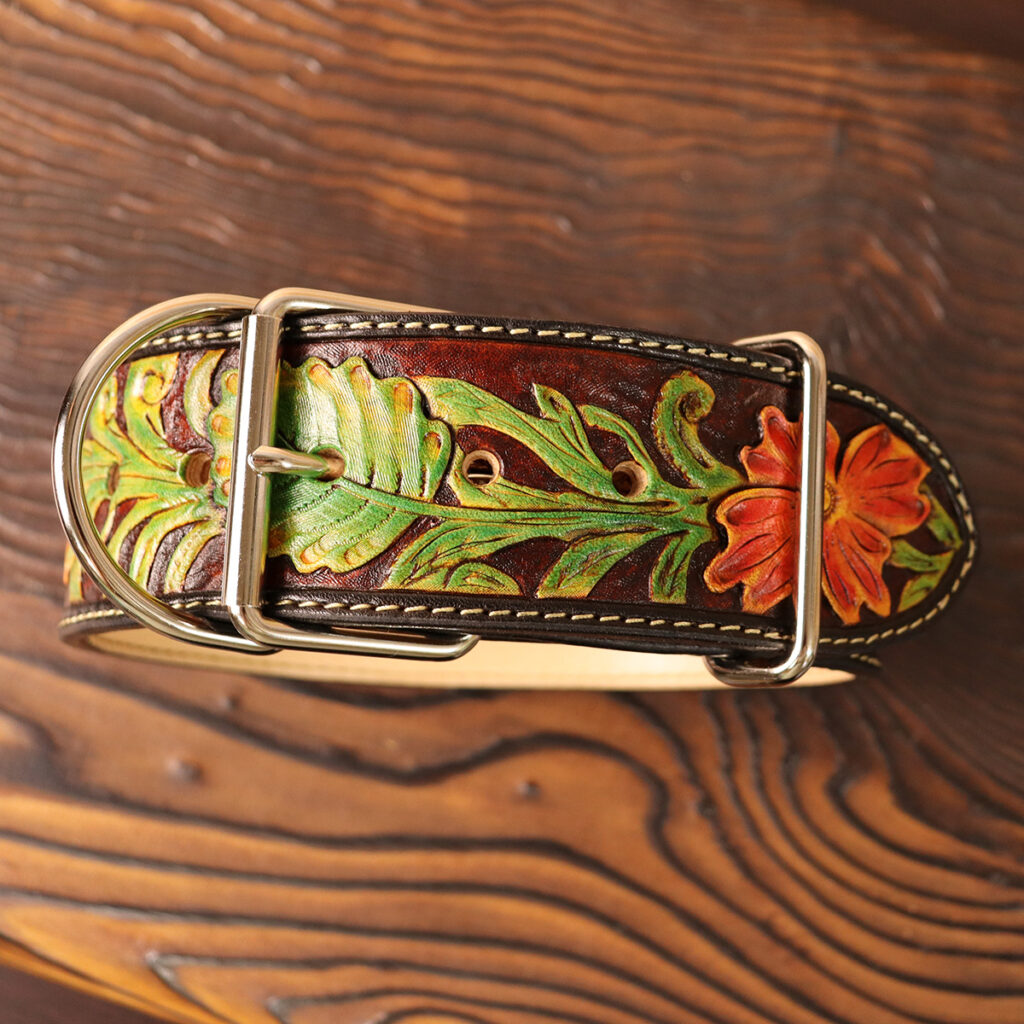 Tooled Wide Leather Collar | Carved Floral Design|ツールド ワイド レザーカラー|カービング フローラル デザイン|45cm|アンティーク色