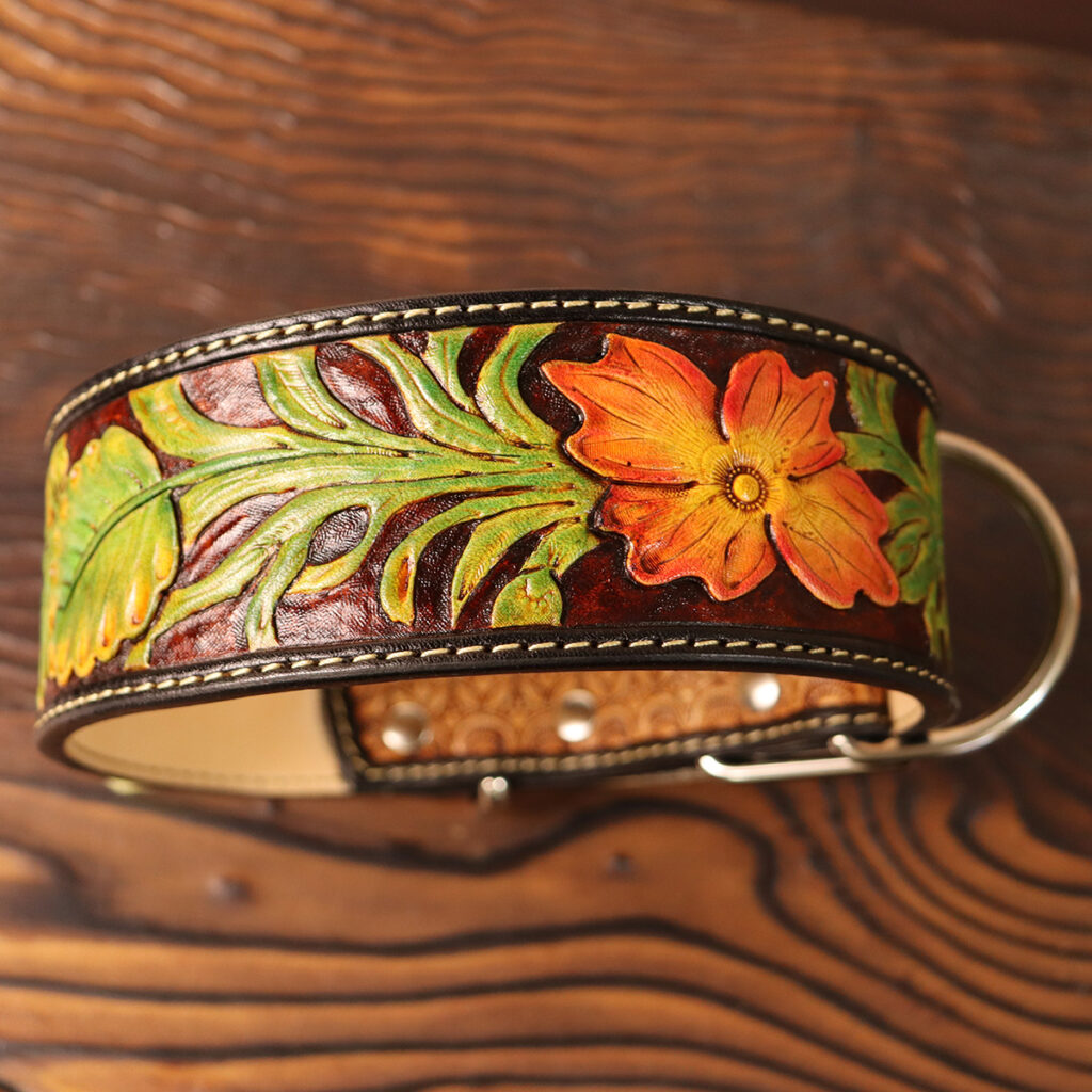 Tooled Wide Leather Collar | Carved Floral Design|ツールド ワイド レザーカラー|カービング フローラル デザイン|45cm|アンティーク色