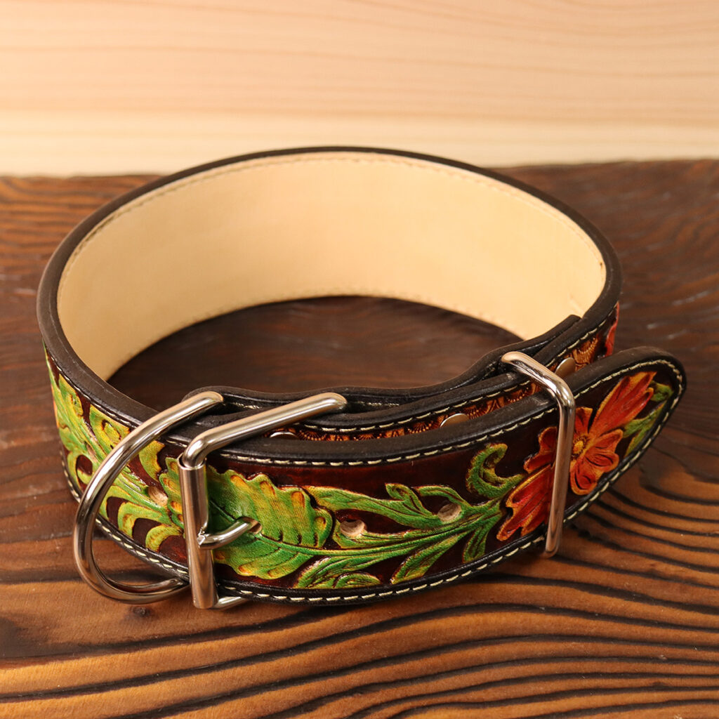 Tooled Wide Leather Collar | Carved Floral Design|ツールド ワイド レザーカラー|カービング フローラル デザイン|45cm|アンティーク色