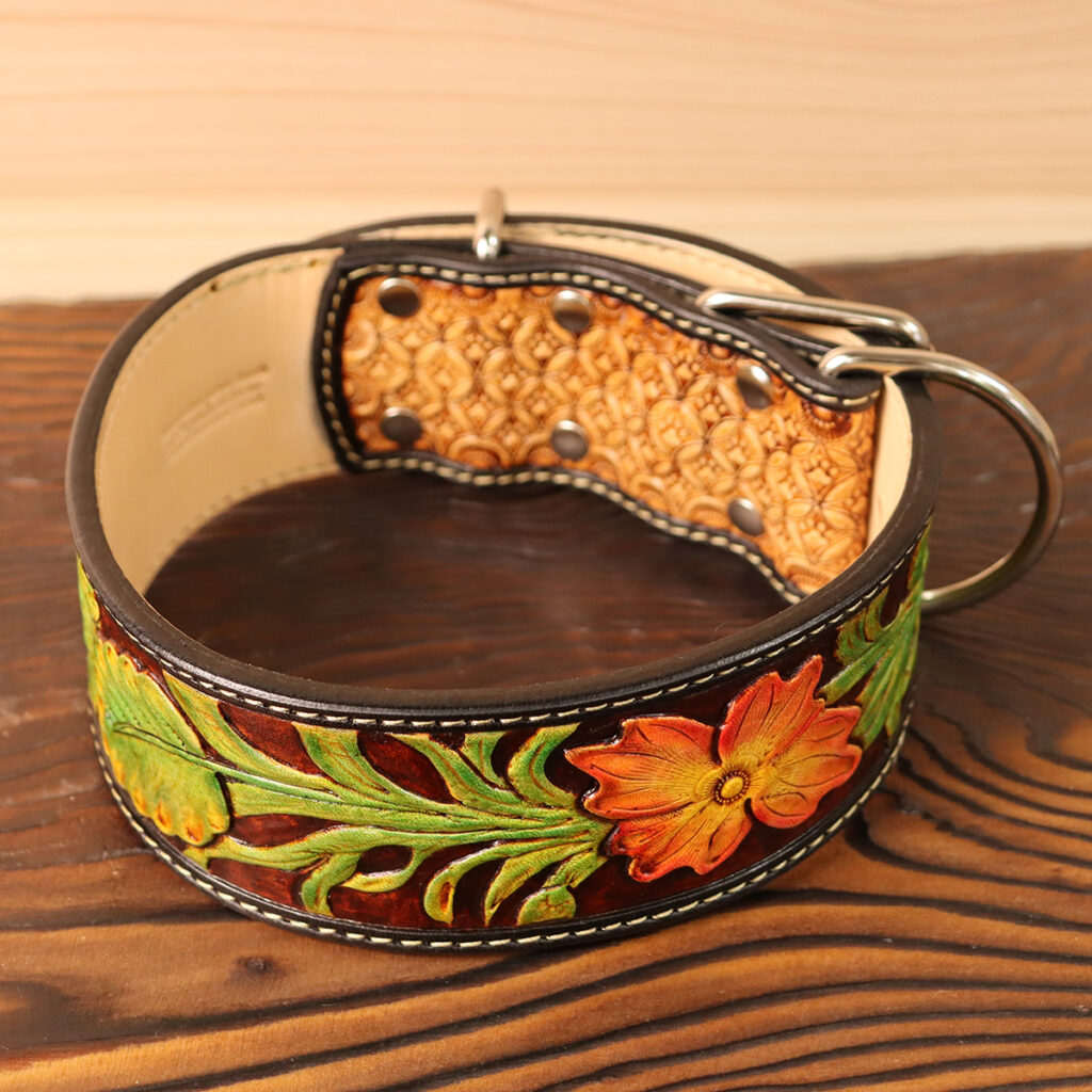 Tooled Wide Leather Collar | Carved Floral Design|ツールド ワイド レザーカラー|カービング フローラル デザイン|45cm|アンティーク色